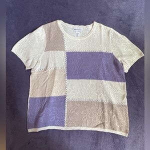 Alfred Dunner Short Sleeve Patchwork Lace Top - Cream, Purple, Tan